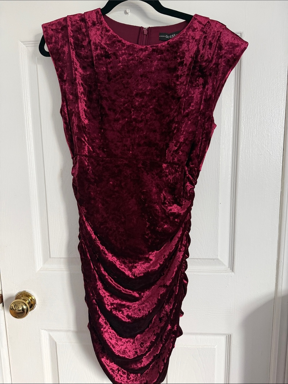 GUESS Burgundy Velvet Ruched Midi Dress